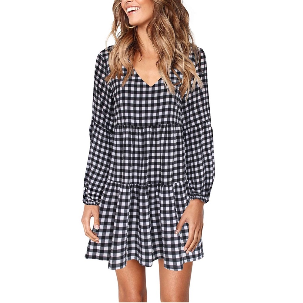 Black and White Dress, V Neck Casual Loose Flowy